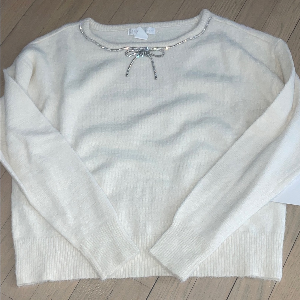Design History Cream Sweater with Silver Bow Accent